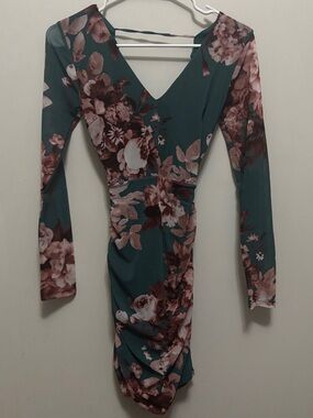 Symphony Teal Long-Sleeve Floral Ruched Dress
